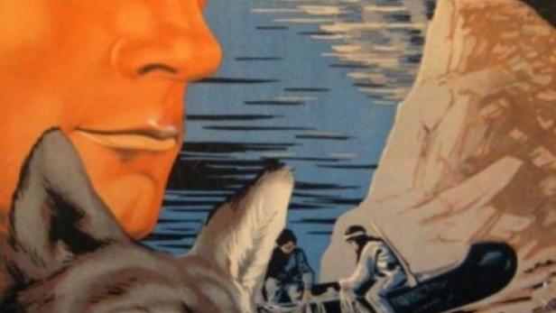 Ein Filmplakat für „Weißer Fang“ mit einem Mann, einem Wolf und einer Kanuszene.