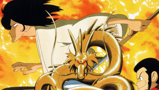 Das Filmplakat zu „Lupin the 3rd: Burning Up the Burning Sword“ zeigt Lupin mit Waffe und Goemon mit Schwert vor einem goldenen Drachen.