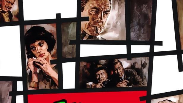 Das Filmplakat für „Das siebente Opfer“ zeigt mehrere Charaktere in einzelnen Feldern.