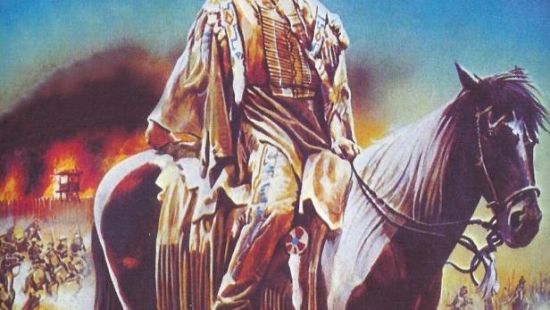 Ein Mann in traditioneller Kleidung reitet auf einem Pferd; Filmplakat für „Triumph des Mannes, den sie Pferd nannten“.