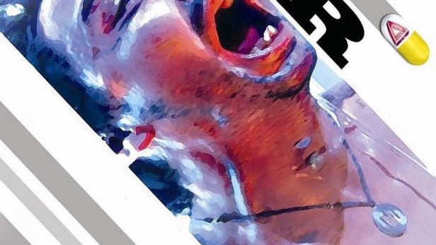 Ein schreiender Mensch ist mit dem Wort „EMR“ und Pillen mit der Aufschrift „Renal“ überlagert.