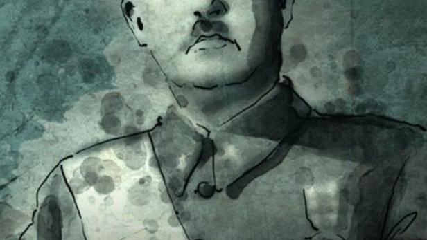 Illustration des spanischen Diktators Francisco Franco vor einem Flugzeug.