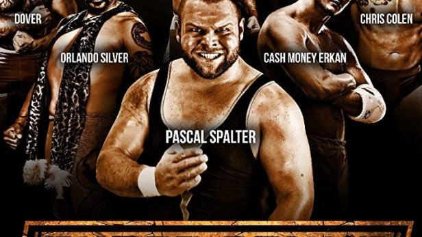 Ein Werbeplakat für „Three Count – Die Wrestling-Serie“ mit den Wrestlern Kris Jokić, Senza Volto und Pascal Spalter.