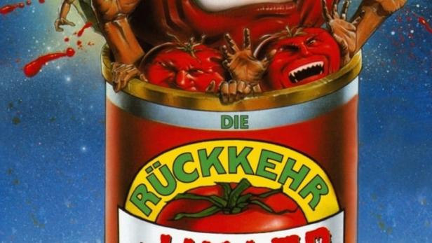 Das Filmplakat für „Die Rückkehr der Killer Tomaten“ zeigt aggressive Tomaten in einer Dose.
