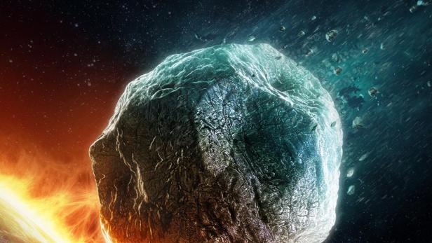 Ein Meteor rast auf die Erde zu, umgeben von Feuer und Weltraum.