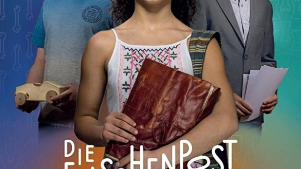 Das Filmplakat zu „Die Flaschenpost-Insel“ zeigt drei junge Detektive mit einem alten Album.