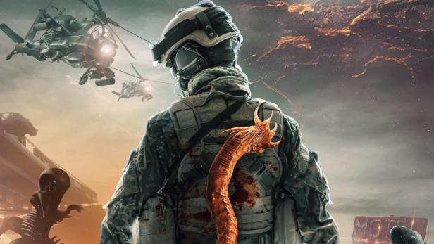 Ein Soldat steht inmitten einer zerstörten Landschaft, mit einem Alien-Parasiten auf dem Rücken und Aliens im Blickfeld.