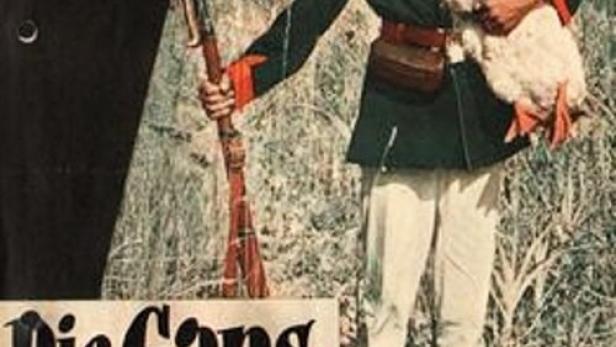 Ein Soldat in Uniform hält eine Gans und ein Gewehr auf dem Filmplakat „Die Gans von Sedan“.