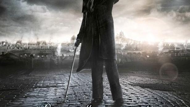 Ein Mann im Mantel und Zylinder zielt mit einer Pistole vor dem Hintergrund der Serie „Vidocq“.