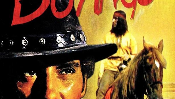 Das Cover des Italo-Western-Klassikers „Auf die Knie, Django“ zeigt einen Revolverhelden und einen Reiter.