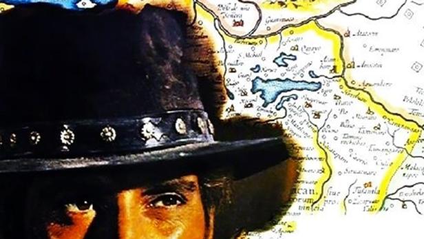 Das Filmplakat für „Auf die Knie Django und leck mir die Stiefel“ zeigt Robert Woods vor einer alten Karte.