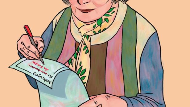 Das animierte Filmplakat für „Die Kundin“ zeigt eine Frau, die etwas auf ein Blatt Papier schreibt.