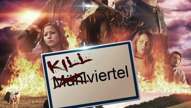 Das Filmplakat für „Killviertel“ zeigt eine Szene mit brennenden Objekten und mehreren Darstellern.