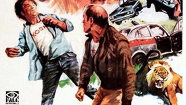 Das Filmplakat für „6000 KM di Paura“ zeigt Menschen, Autos und einen Löwen in Gefahr.