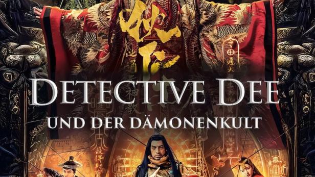 Das Filmplakat für „Detective Dee und der Dämonenkult“ zeigt mehrere Figuren in traditionellen Kostümen.