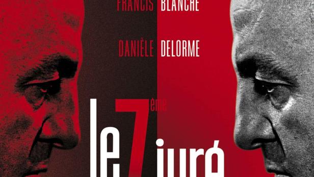 Das Filmplakat für „Le 7ème juré“ zeigt zwei Männerprofile vor rotem Hintergrund.