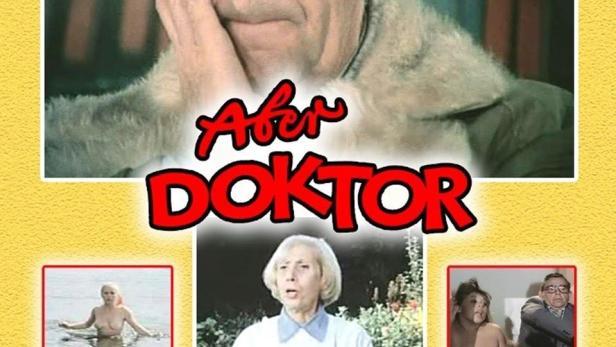 Das Filmplakat für „Aber Doktor!“ zeigt den Hauptdarsteller und Szenen aus dem Film.