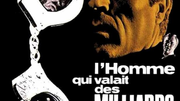 Das Filmplakat für „L'Homme qui valait des Milliards“ zeigt einen Mann und eine fallende Handschelle mit Geldscheinen.