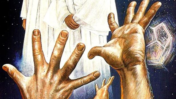 Das Filmplakat für „The Mysterious Two“ zeigt zwei Personen in Weiß vor einem Sternenhimmel und Hände, die nach oben greifen.