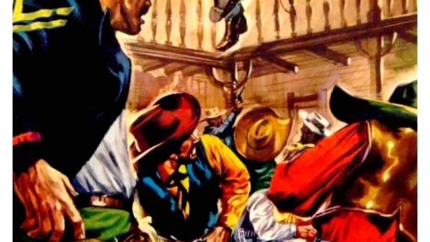 Ein Mann in einer schwarzen Maske springt von einem Balkon mit einem Dolch in der Hand.