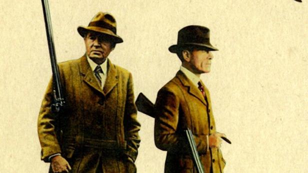 Das Filmplakat für „The Shooting Party“ zeigt zwei Männer mit Gewehren und eine fliegende Ente.
