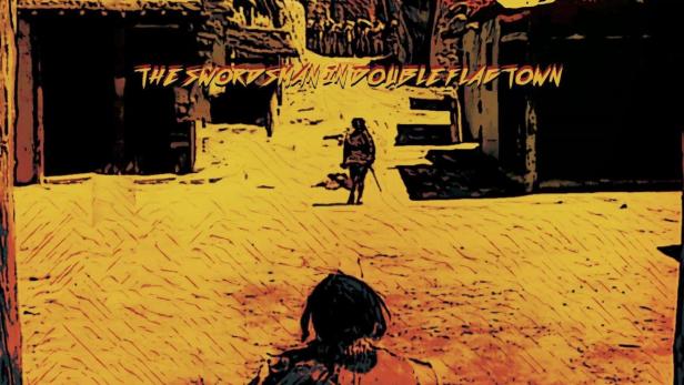 Ein Schwertkämpfer sitzt in einer staubigen Stadt, während ein anderer in der Ferne geht.