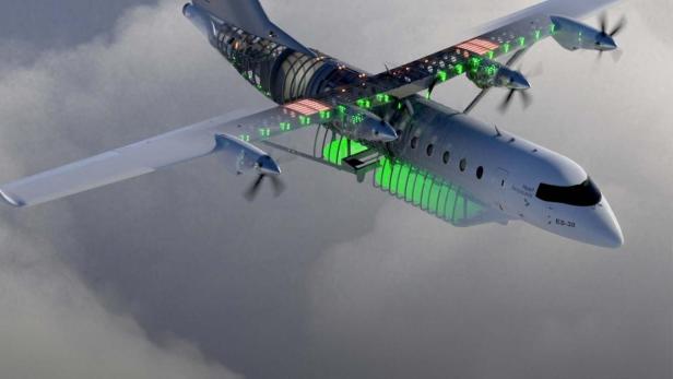 Ein elektrisches Flugzeug des Herstellers Heart Aerospace vom Typ ES-30 im Flug.