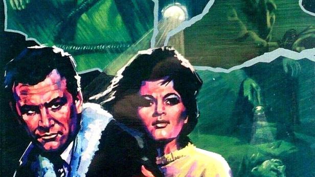 Das Filmplakat für „Insel des Schreckens“ zeigt ein bewaffnetes Paar vor schockierten Gesichtern.