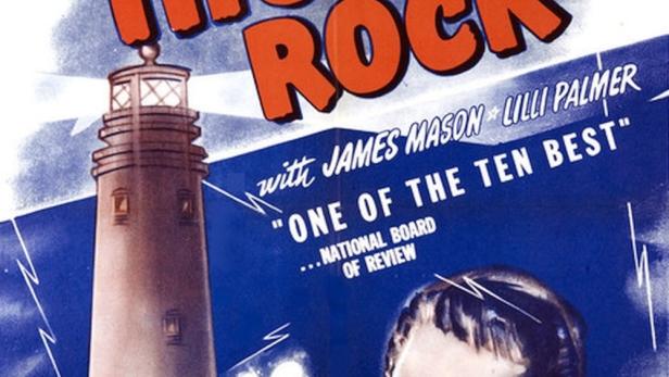 Das Filmplakat für „Thunder Rock“ mit Michael Redgrave und Barbara Mullen vor einem Leuchtturm.