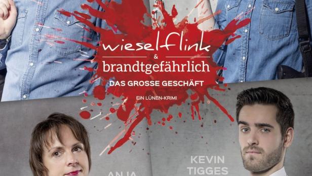 Das Filmplakat für „Wieselflink & brandgefährlich“ zeigt die vier Schauspieler Jan N. Schmitt, Martina Meyer, Anja Klukas und Kevin Tigges.