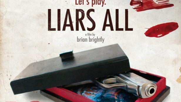 Das Filmplakat für „Liars All“ zeigt eine Pistole in einer Schachtel und Bluttropfen.