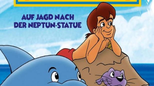 Das Cover des Films „Flipper & Lopaka: Auf Jagd nach der Neptun-Statue“ mit Flipper, Lopaka und anderen Charakteren.