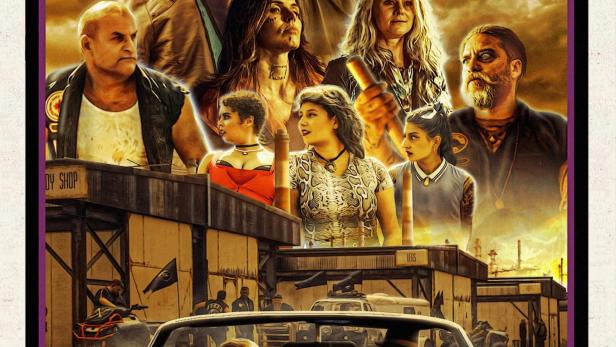 Das Filmplakat für „Purgatory Jack“ zeigt eine Gruppe von Personen vor einer Werkstatt.