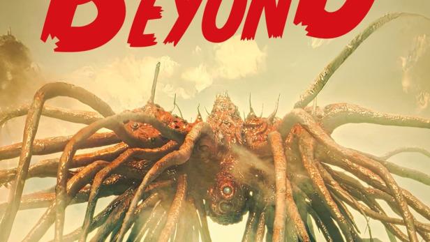 Ein riesiges, tentakelartiges Wesen schwebt über einer Person am Ufer.