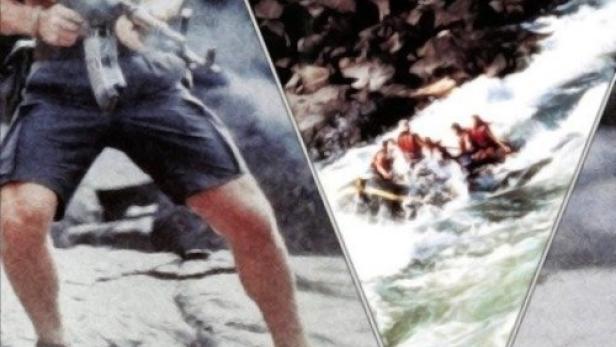 Ein Mann mit Gewehr steht vor einem Fluss mit einem Schlauchboot voller Menschen, Filmposter „Damned River“.