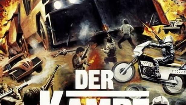 Das Filmplakat für „Der Kampfkoloss“ zeigt einen riesigen, gepanzerten Truck in einer dystopischen Schlachtszene.