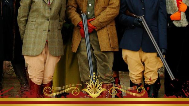 Das Filmplakat zu Agatha Christies „Einladung zum Mord“ zeigt eine Gruppe bewaffneter Personen vor einem Herrenhaus.