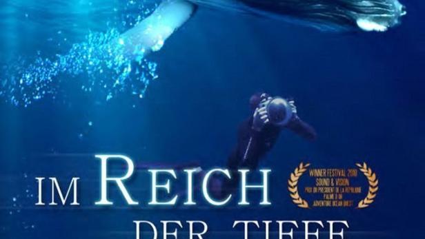 Ein Buckelwal schwimmt über einem Korallenriff, während ein Taucher filmt; Cover für „Im Reich der Tiefe“.
