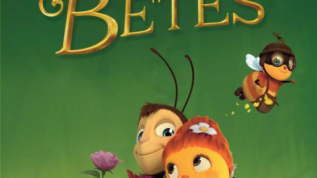 Das Buchcover von „Droles de Petites Bêtes“ zeigt animierte Insekten auf blauen Blüten.