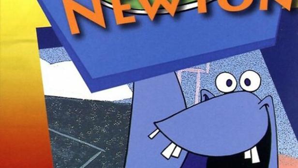 Das Cover der Zeichentrickserie „Immer Ärger mit Newton“ mit einem lachenden blauen Chamäleon.