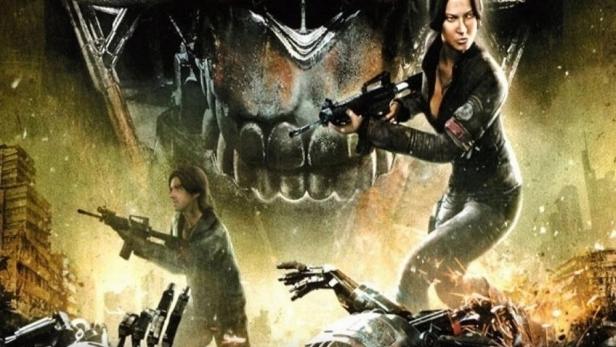 Das Poster für „Terminator Salvation: The Machinima Series“ zeigt Kämpfer und einen Terminator-Schädel.