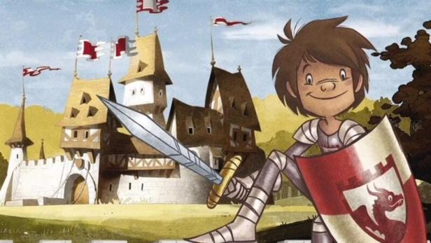 Ein Cartoon-Ritter sitzt auf einer Burgmauer vor einem Schloss.
