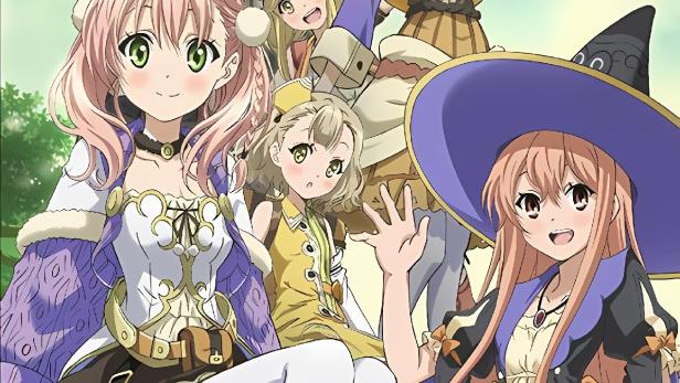 Eine Gruppe junger Frauen im Anime-Stil posiert für ein Poster von „Atelier Escha & Logy: Alchemists of the Dusk Sky“.