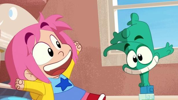 Szene aus der Zeichentrickserie „Ernest & Rebecca“ mit Rebecca und einem grünen Monster.