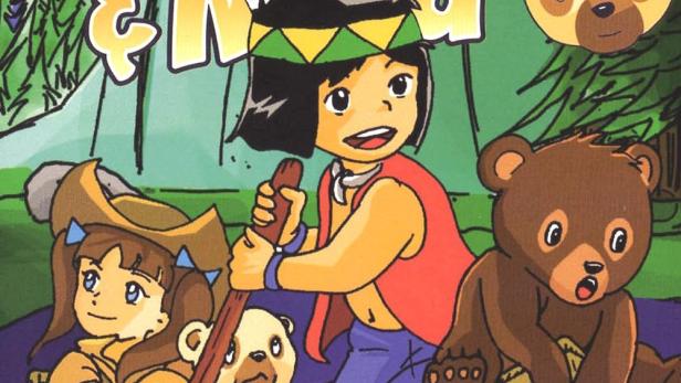 Zwei Kinder und drei Teddybären fahren in einem Kanu auf dem Wasser.