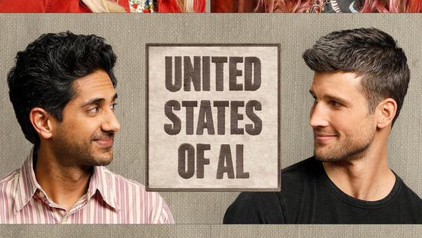 Das Ensemble der Fernsehserie „United States of Al“ vor dem Hintergrund des Serientitels.