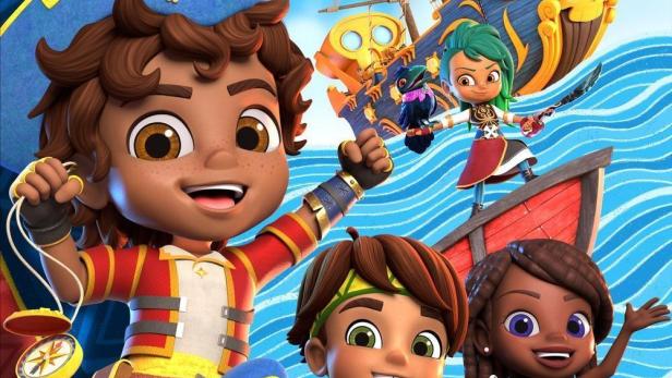 Das animierte Titelbild von „Santiago of the Seas“ zeigt Santiago und seine Freunde auf einem Piratenschiff.