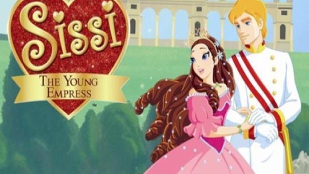 Eine Zeichentrickdarstellung von Sissi und Franz vor Schloss Schönbrunn.