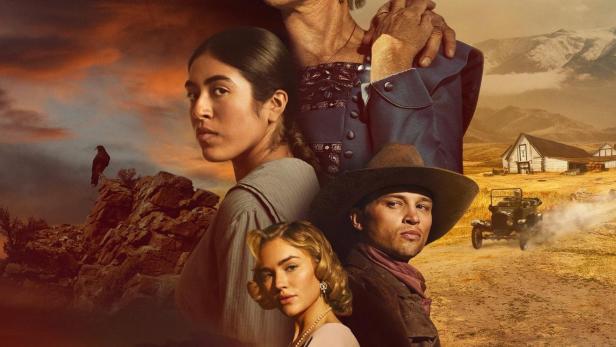 Das Filmplakat zu „1923: Yellowstone Ursprung“ zeigt Harrison Ford, Helen Mirren und weitere Darsteller.