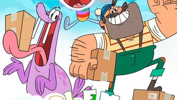 Das animierte Logo für „Middlemost Post“ mit drei Cartoonfiguren, die Pakete tragen.